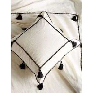 NWT Anthropologie Tasseled Border Euro Sham Square‎ Pillow Cream Black Cotton